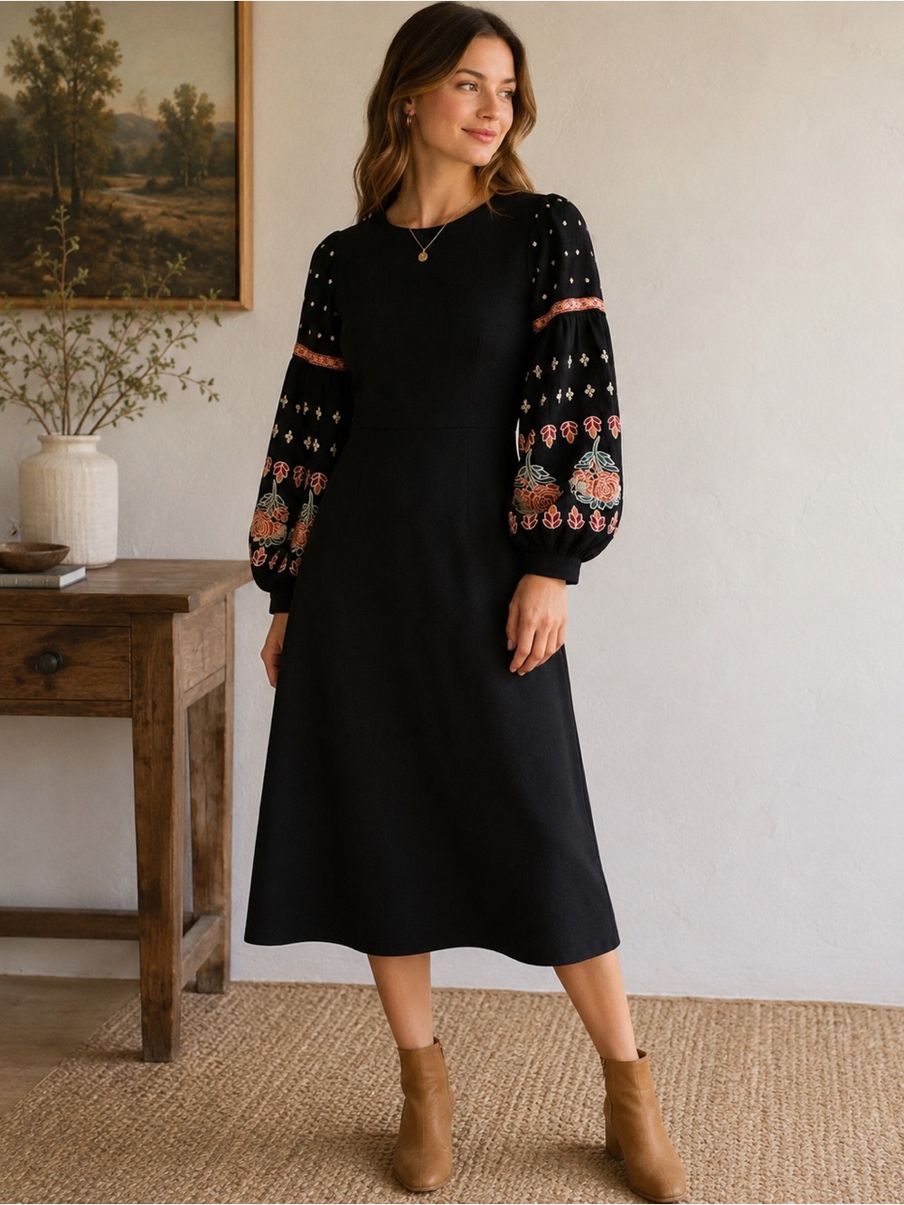 DM Fashion Black Embroidered Sleeve Midi Dress XS Boho Floral Balloon Sleeve